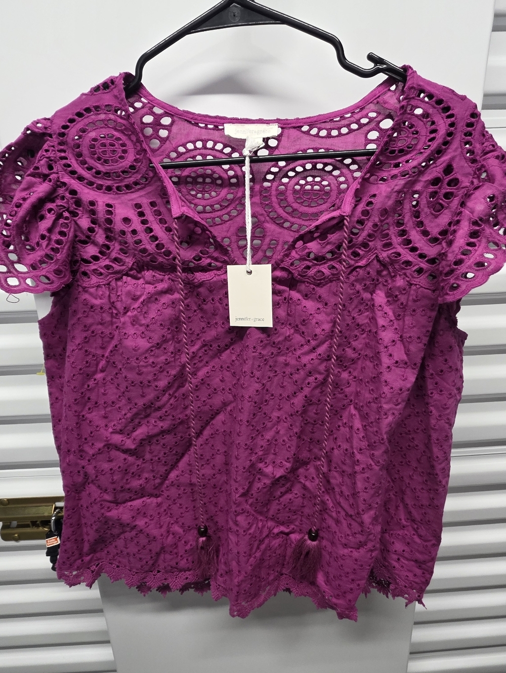 Pink Eyelet Cotton Top Short Sleeve Tassel Rope Neck Tie Boho Chic Feminine